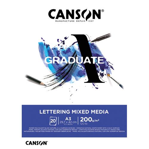 [459214] CANSON Bloc 20 feuilles GRADUATE LETTERING MIXED MEDIA. A3, 200gr. Blanc naturel. Surface soyeuse