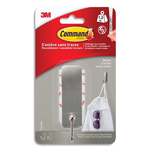 [459216] COMMAND Crochet simple adhésif 3M moyen en métal nickel - poids supporté 1,3kg - s'enlève sans trace