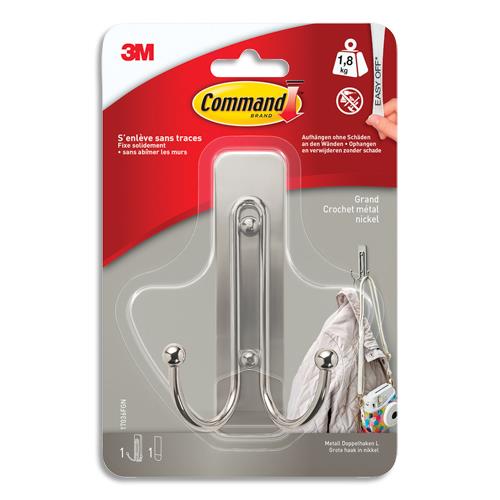 [459219] COMMAND Crochet double adhésif 3M grand en métal nickel - poids supporté 1,8kg - s'enlève sans trace