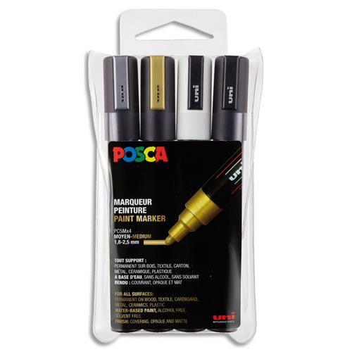 [459240] UNI-BALL Set de 4 marqueurs peinture POSCA. Pointe conique moyenne 1,8 à 2,5 mm. Blanc-Noir-Or-Argent