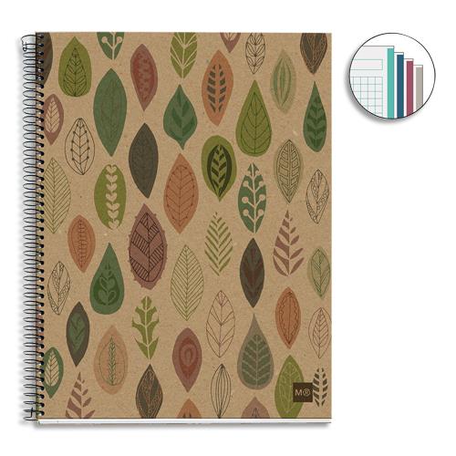 [459253] MIQUELRIUS Cahier carte spirale ECOFEUILLES 21x29,7cm 240 pages 80g recyclées 5x5. Coloris kraft à motifs