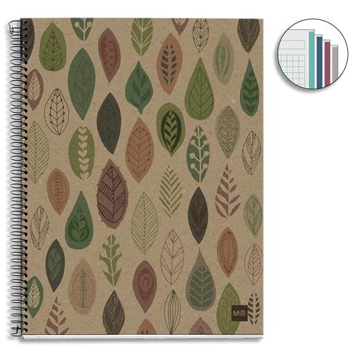 [459256] MIQUELRIUS Cahier carte spirale ECOFEUILLES 14,8x21cm 240 pages 80g recyclées 5x5. Coloris kraft à motifs