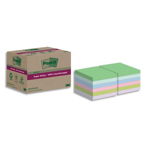 [459323] POST-IT Lot de 12 blocs notes Super Sticky Recyclées 76x76 mm. Couleurs assortis.