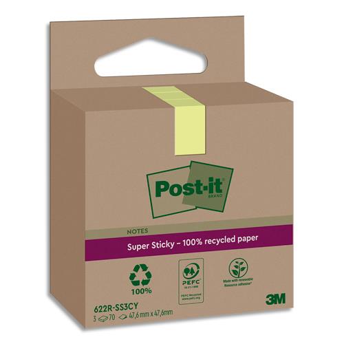 [459329] POST-IT Lot de 3 blocs notes Super Sticky Recyclées 47,6x47,6 mm. Couleurs assortis.