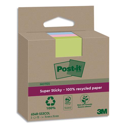 [459330] POST-IT Lot de 3 blocs notes Super Sticky Recyclées 76x76 mm. Couleurs assortis.