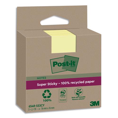 [459334] POST-IT Lot de 3 blocs notes Super Sticky Recyclées 76x76 mm. Jaune Pastel.