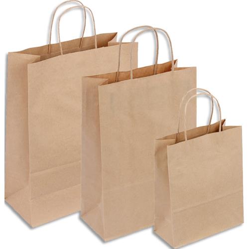 [459480] Lot 50 sacs en papier kraft blanc 70 g/m² Poignées torsadées. Dimensions 22x31cm. Soufflets latéraux 10cm