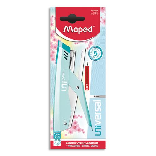 [459558] MAPED Pince Agrafeuse 100% métal avec ôte-agrafe intégré. 400 agrafes 26/6 incluses. Coloris Pastel