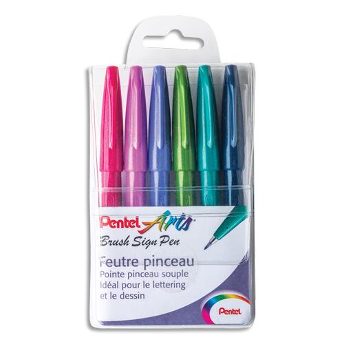 [459678] PENTEL Pochette Trendy de 6 Feutres pinceau Brush Sign Pen. Pointe souple résistante, Encre aquarellable