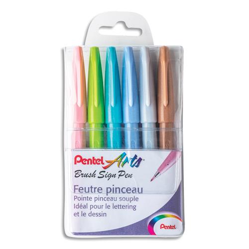 [459679] PENTEL Pochette Pastel de 6 Feutres pinceau Brush Sign Pen. Pointe souple résistante, Encre aquarellable