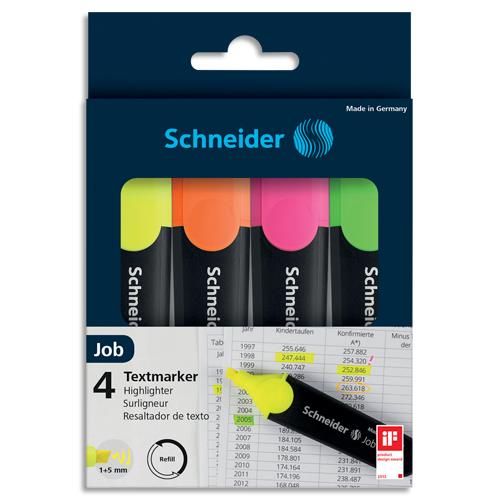[691888] SCHNEIDER Pochette de 4 Surligneur (rechargeable) pointe biseautée JOB 150. Coloris assortis