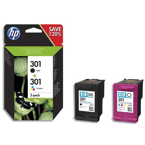 [222476] HP 301 Pack de 2 Cartouches d'Encre Noire et Trois Couleurs Authentiques (N9J72AE) (dont eco-taxe de 0,04 €)