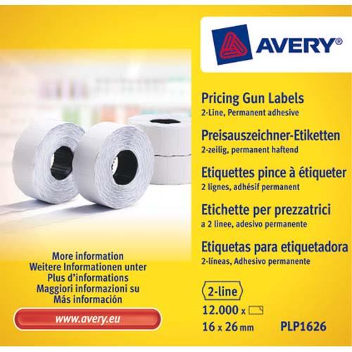 [225855] AVERY Boîte de 10 rouleaux de 1200 étiquettes 2 lignes (10+ 8 caractères) Blanches adhésif perm PLP1626