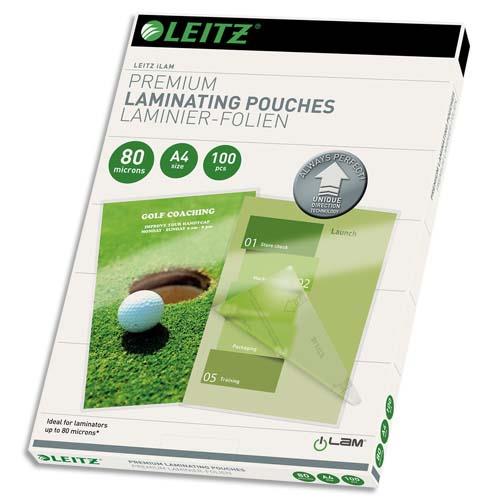 [232828] LEITZ Pochettes de plastification, 80 microns par face, format A4, boîte de 100, brillant, 74780000