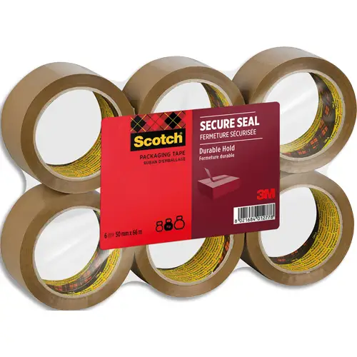 [468651] 3M Ruban adhésif d'emballage Secure Seal pour fermeture sûre, havane, 50 mmx66 m, lot de 6 rouleaux