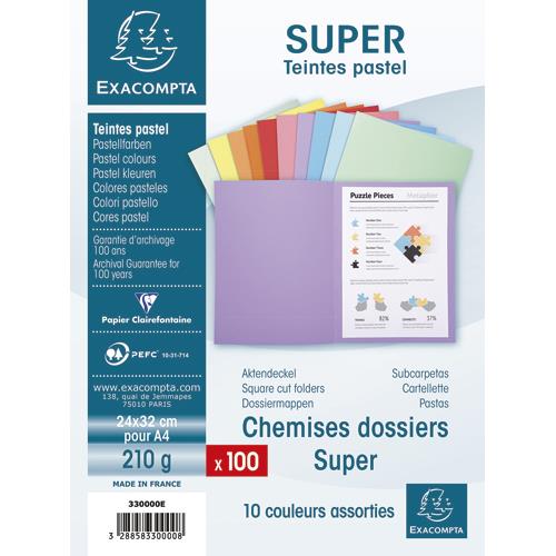 [235662] EXACOMPTA Paquet de 100 chemises SUPER 250 en carte 210 grammes coloris assortis