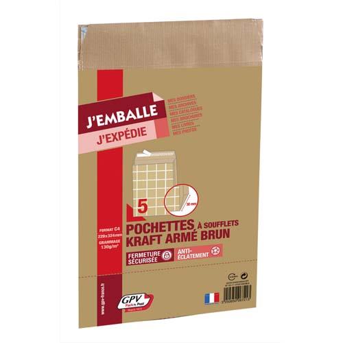 [238679] GPV Paquet de 5 pochettes kraft armé 120g C4 à 3 soufflets de 3cm 6721