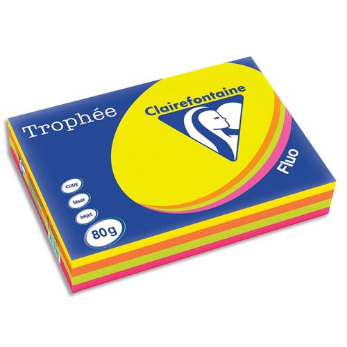 [264403] CLAIREFONTAINE Ramette 4x125F papier couleur Trophée 80g A3 assortis fluo Rose,Jaune,vert,Orange