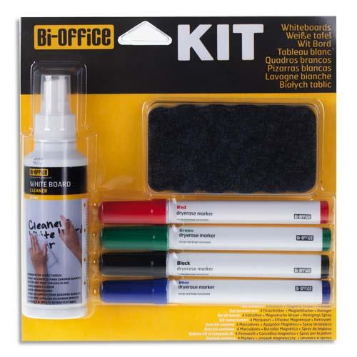 [278520] BI-OFFICE Kit 4 marqueurs effaçables à secs, brosse magnétique et un spray nettoyant 125 ml