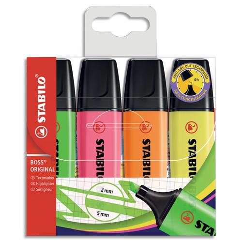 [047534] STABILO BOSS ORIGINAL surligneur pointe biseautée - Pochette de 4 surligneurs fluo - Coloris assortis