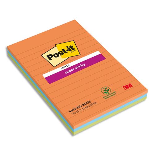 [283100] POST-IT Lot de 3 blocs Notes Super Sticky POST-IT® Orange/Bleu/Vert lignées 45 feuilles 101 x 152 mm