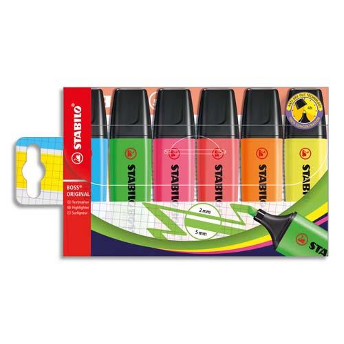 [047542] STABILO BOSS ORIGINAL surligneur pointe biseautée - Pochette de 6 surligneurs fluo - Coloris assortis