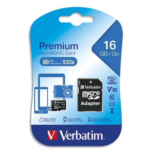 [283470] VERBATIM Carte MicroSDHC 16Go+adaptateur Class 10/U1 44082 (dont eco-taxe de 0,02 €) (dont taxe copie privée de 1,50 €)