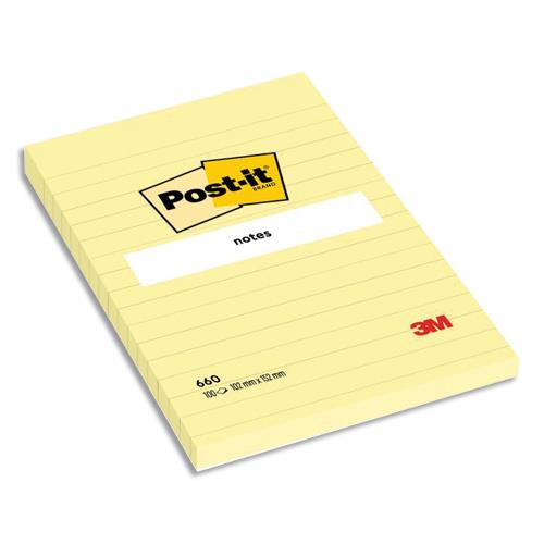 [295410] POST-IT Bloc repositionnable de 100 feuilles 102 x 152 mm Jaune ligné