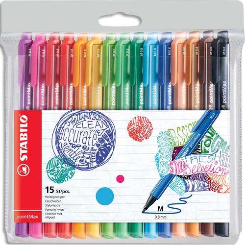 [377851] STABILO pointMax stylo-feutre pointe moyenne (0,8 mm) - Pochette de 15 stylos-feutres - Coloris assortis