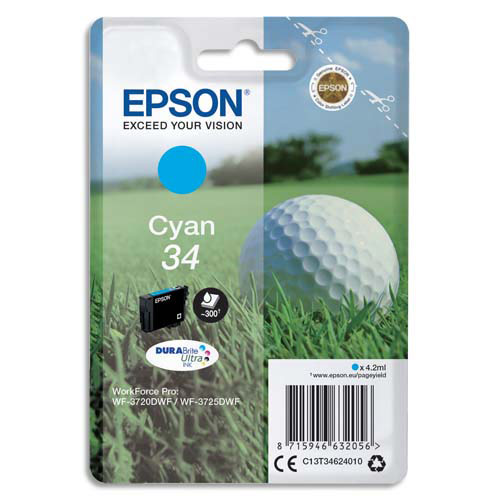 [383679] EPSON Cartouche Jet d'Encre DURABrite Ultra Cyan ''Balle de Golf'' 34 (T3462) - C13T34624010 (dont eco-taxe de 0,01 €)