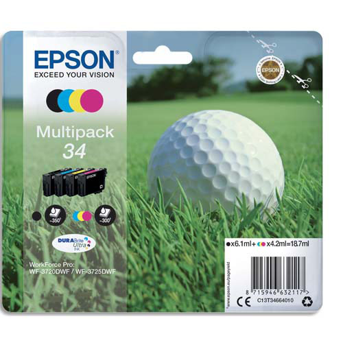 [383683] EPSON Multipack Cartouches Jet d'Encre DURABrite Ultra 4 coul ''Balle de Golf'' 34 (T3466) - C13T34664010 (dont eco-taxe de 0,02 €)