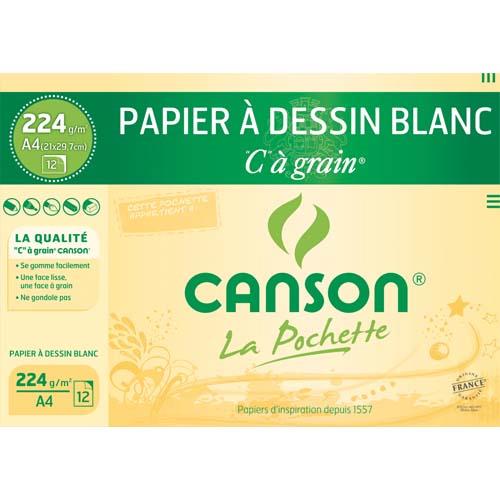 [089718] CANSON Pochette 12 feuilles papier dessin Blanc CàGrain 224g format 21x29,7cm