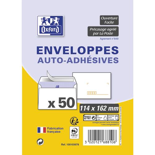 [101167] OXFORD Paquet de 50 enveloppes Blanches pré-casées auto-adhésives 80g format 114x162mm C6