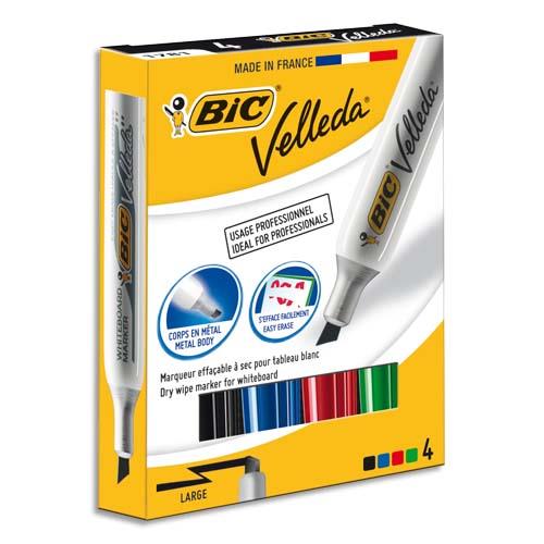 [119654] BIC Velleda Feutres 1781 pour Tableau Blanc Effaçables à Sec Pointe Biseau Large - Couleurs Assorties x4