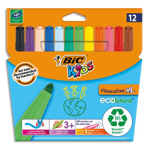 [120090] BIC KIDS Visacolor XL Feutres de Coloriage à Pointe Large - Couleurs Assorties, Etui Carton de 12