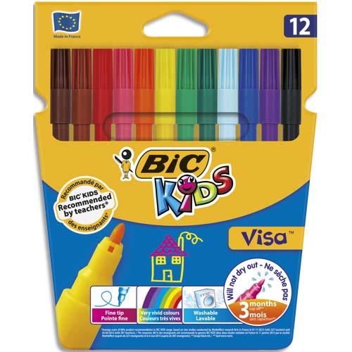 [120236] BIC KIDS Visa Feutres de Coloriage à Pointe Fine - Couleurs Assorties, Etui Carton de 12
