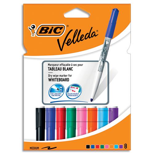 [021628] BIC Velleda 1741 Feutres pour Tableau Blanc Effaçables à Sec, Pte Conique Moy - Assortis, Etui Cartn de 8