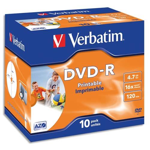 [127446] VERBATIM Pack de 10 boîtiers cristal DVD-R imprimables 4,7Go 16x 43521 (dont taxe copie privée de 9,00 €)