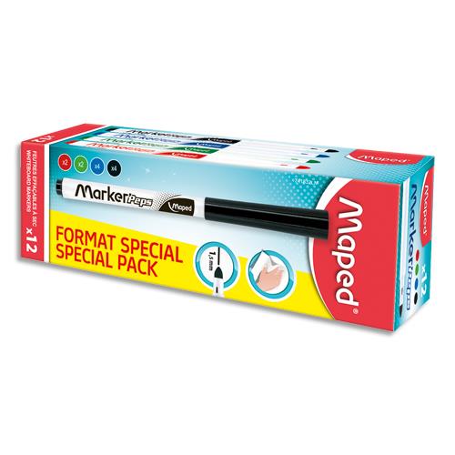[444113] MAPED Boîte de 12 marqueurs effaçable à sec, noir, bleu, rouge, vert
