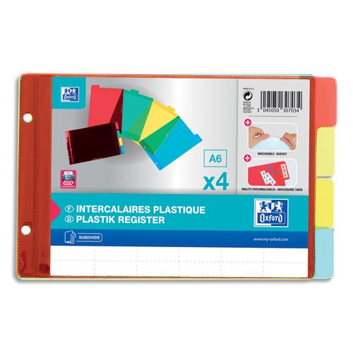 [127848] OXFORD Intercalaires 4 positions à onglets personnalisables en PVC 12/100e. Format A6. Coloris assortis