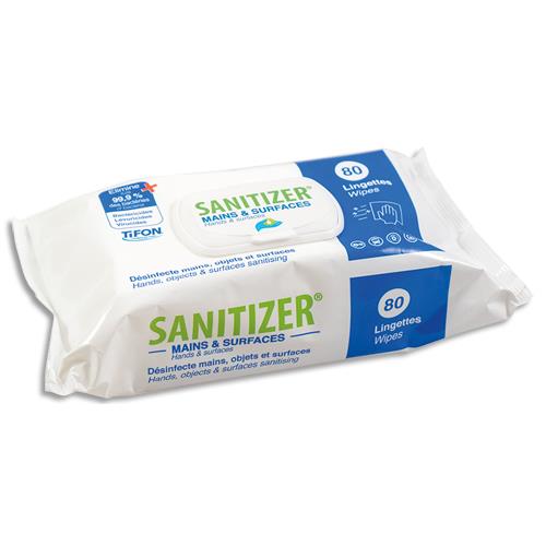 [444844] TIFON Paquet 80 Lingettes SANITIZER pour mains et surfaces, actif sur coronavirus - Format 17 x 20 cm
