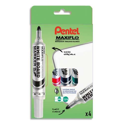 [453871] PENTEL Pochette de 4 marqueurs effaçables à sec tableaux Blancs pointe ogive large encre liquide MAXIFLO