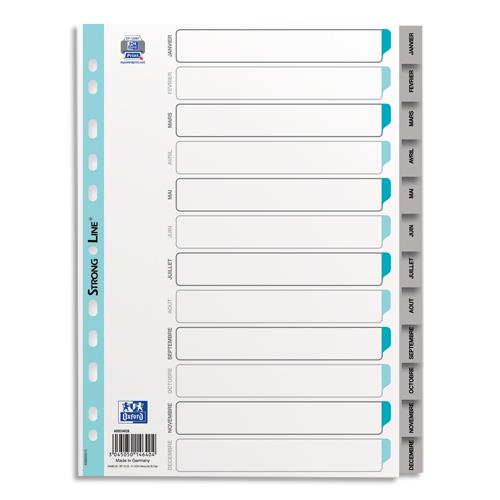 [460863] OXFORD Intercalaire mensuel 12 positions en polypropylène 12/100e. Format A4. Coloris gris