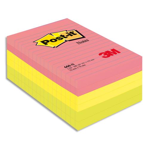 [468042] POST-IT Lot de 6 blocs repositionnables de 100 feuilles 102 x 152 mm néon assortis