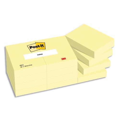 [473440] POST-IT Lot de 12 blocs repositionnables de 100 feuilles 38 x 51 mm Jaune 653E